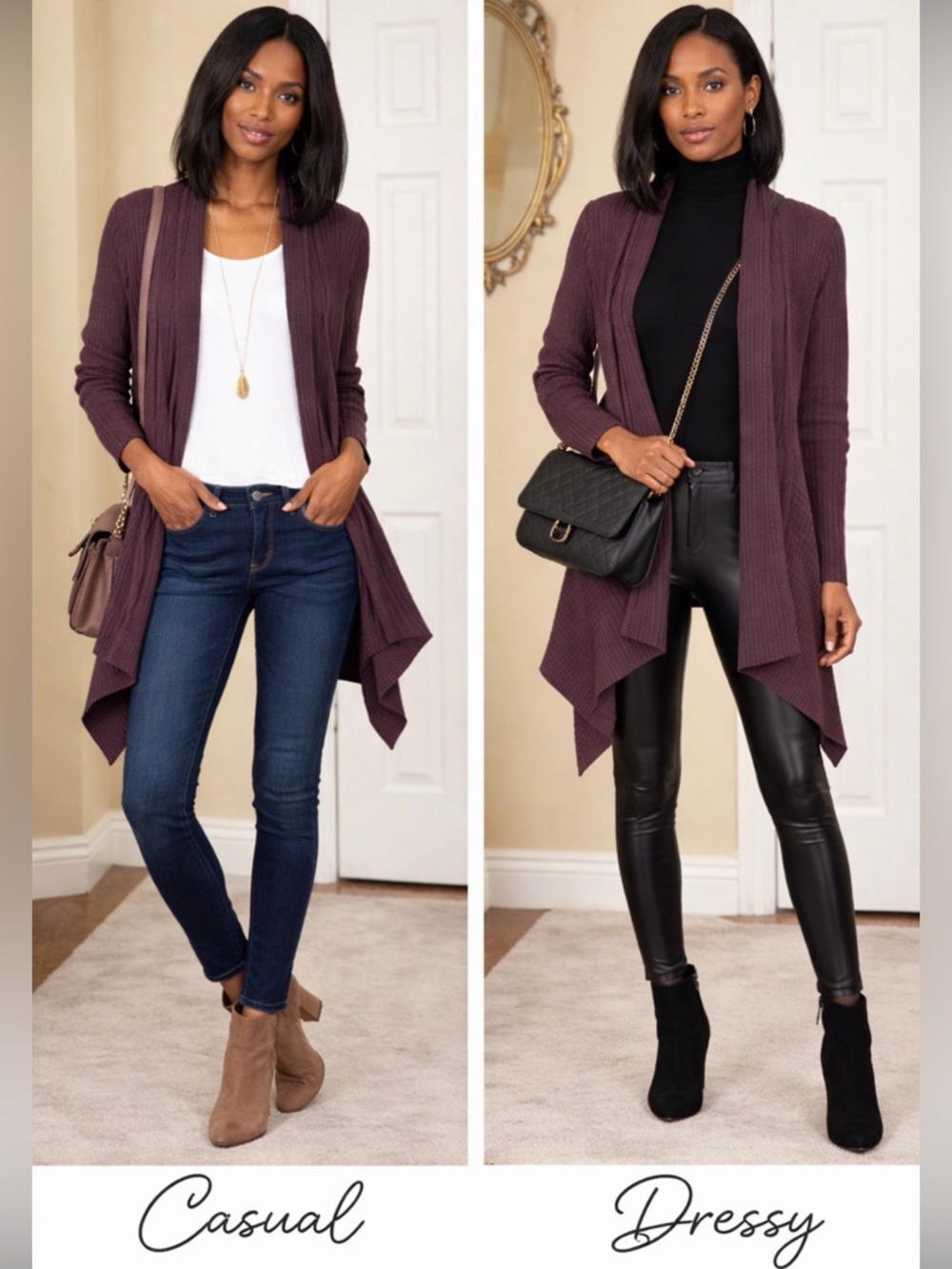 Bianco & Blu Italian Wool Waterfall Cardigan Longline Chunky Ribbed Knit Plum